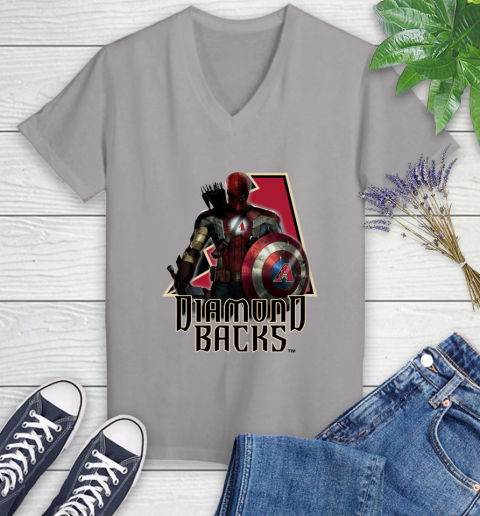 MLB Captain America Thor Spider Man Hawkeye Avengers Endgame Baseball Arizona Diamondbacks Women's V-Neck T-Shirt 4