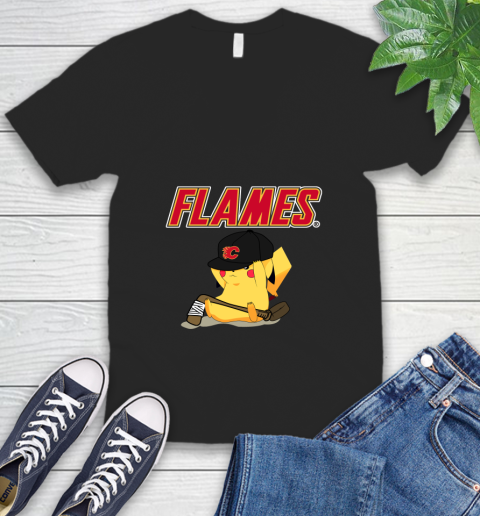 NHL Pikachu Hockey Sports Calgary Flames V-Neck T-Shirt 2