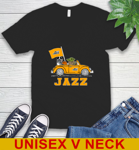 NBA Basketball Utah Jazz Darth Vader Baby Yoda Driving Star Wars Shirt V-Neck T-Shirt 2