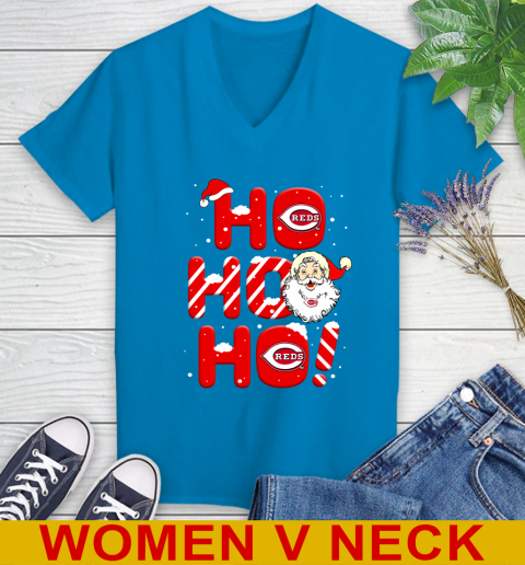 Cincinnati Reds MLB Baseball Ho Ho Ho Santa Claus Merry Christmas Shirt Women's V-Neck T-Shirt 7