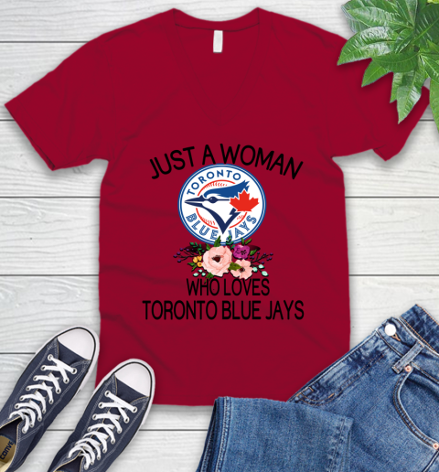 MLB Just A Woman Who Loves Toronto Blue Jays Baseball Sports V-Neck T-Shirt 5