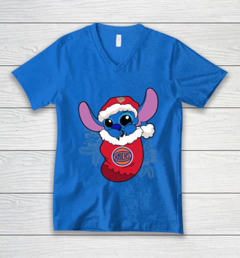 New York Knicks Christmas Stitch In The Sock Funny Disney NBA V-Neck T-Shirt 6