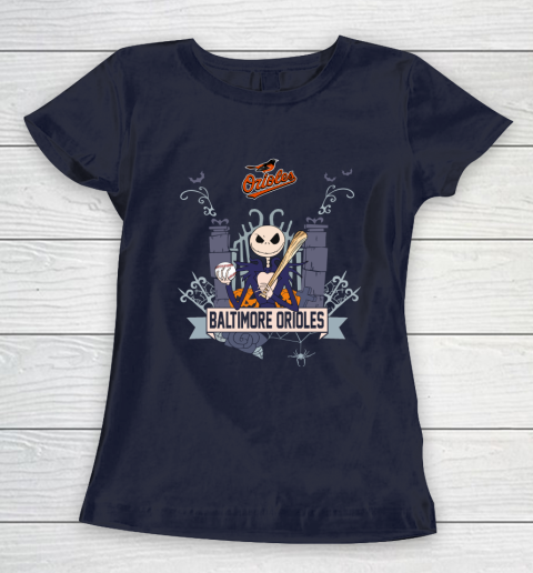 MLB Baltimore Orioles Baseball Jack Skellington Halloween Women's T-Shirt 2