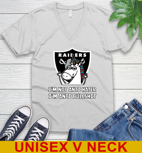 Oakland Raiders NFL Football Unicorn I'm Not Anti Hater I'm Anti Bullshit V-Neck T-Shirt