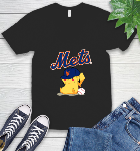 MLB Pikachu Baseball Sports New York Mets V-Neck T-Shirt 2