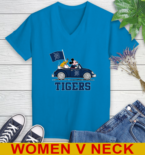 MLB Baseball Detroit Tigers Pluto Mickey Driving Disney Shirt Women's V-Neck T-Shirt 8