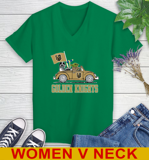 NHL Hockey Vegas Golden Knights Darth Vader Baby Yoda Driving Star Wars Shirt Women's V-Neck T-Shirt 6