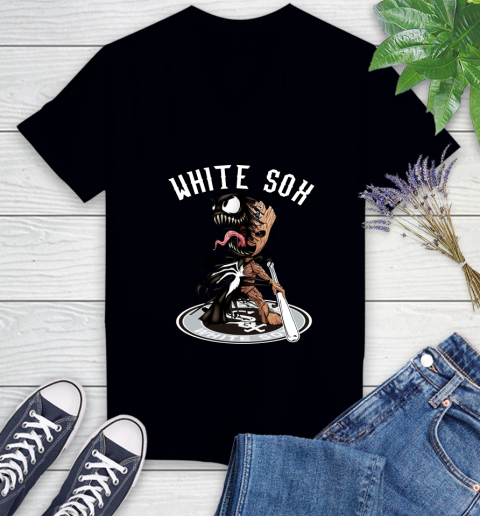 MLB Chicago White Sox Baseball Venom Groot Guardians Of The Galaxy Women's V-Neck T-Shirt 2