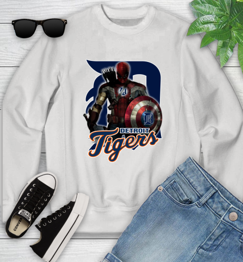MLB Captain America Thor Spider Man Hawkeye Avengers Endgame Baseball Detroit Tigers Youth Sweatshirt