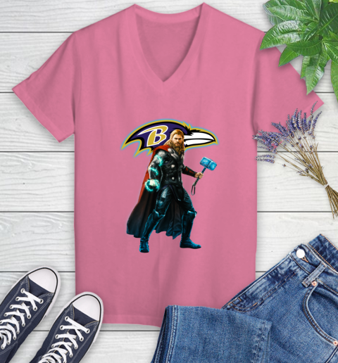 NFL Thor Avengers Endgame Football Baltimore Ravens Women's V-Neck T-Shirt 13