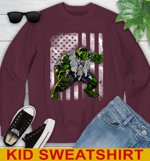 Brooklyn Nets Hulk Marvel Avengers NBA Basketball American Flag Youth Sweatshirt 4