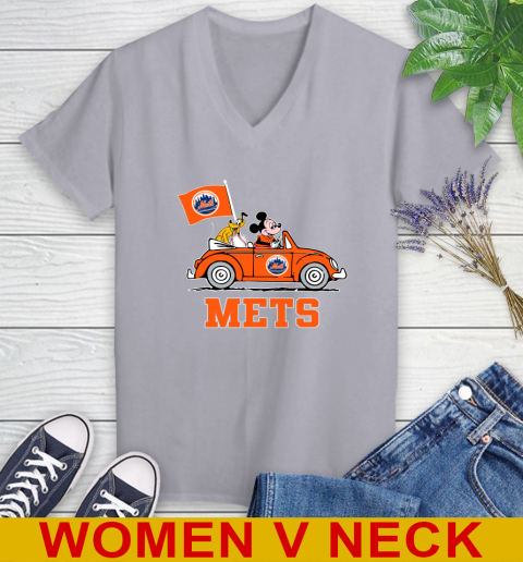MLB Baseball New York Mets Pluto Mickey Driving Disney Shirt Women's V-Neck T-Shirt 5