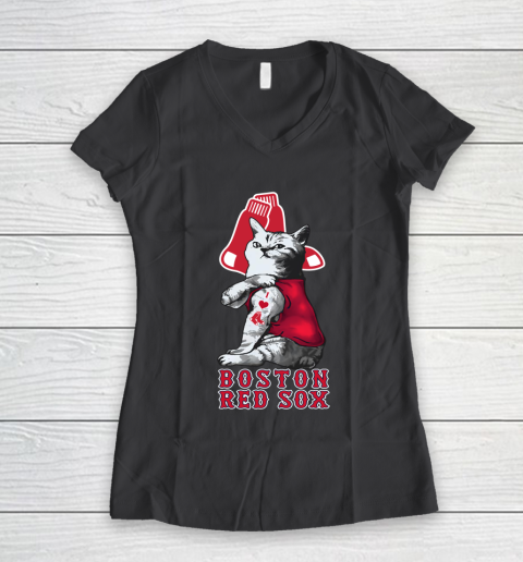 MLB Baseball My Cat Loves Boston Red Sox Women's V-Neck T-Shirt 6