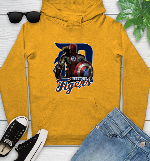 MLB Captain America Thor Spider Man Hawkeye Avengers Endgame Baseball Detroit Tigers Youth Hoodie 3
