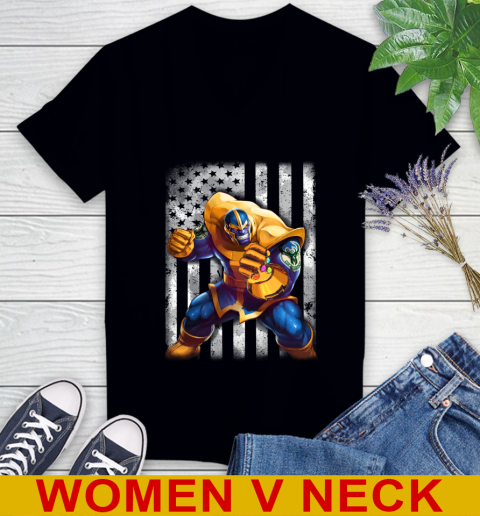 NBA Basketball Milwaukee Bucks Thanos Marvel American Flag Shirt Women's V-Neck T-Shirt