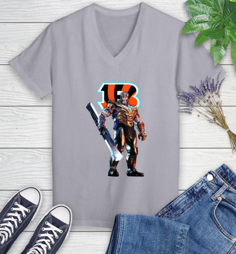 NFL Thanos Gauntlet Avengers Endgame Football Cincinnati Bengals Women's V-Neck T-Shirt 4