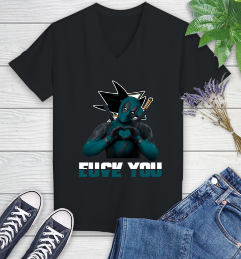 NHL San Jose Sharks Deadpool Love You Fuck You Hockey Sports Women's V-Neck T-Shirt