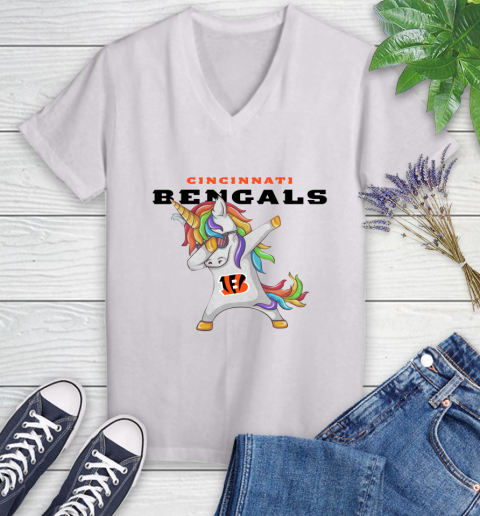 Cincinnati Bengals NFL Football Funny Unicorn Dabbing Sports Women's V-Neck T-Shirt