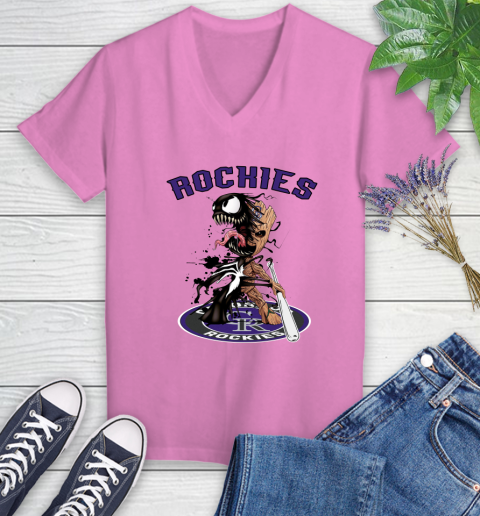 MLB Colorado Rockies Baseball Venom Groot Guardians Of The Galaxy Women's V-Neck T-Shirt 14