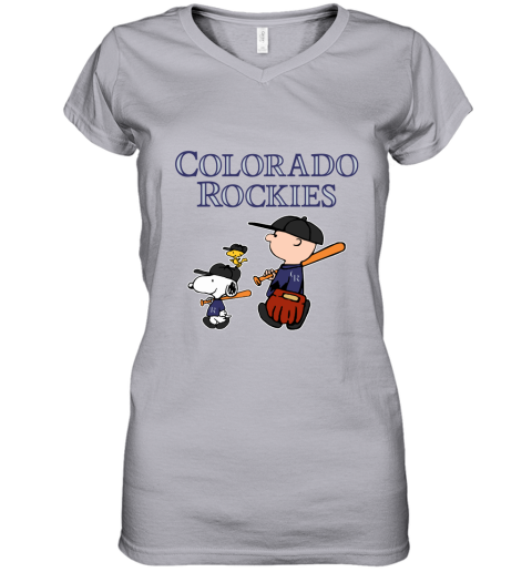 Colorado Rockies Let's Play Baseball Together Snoopy MLB Women's V-Neck T-Shirt