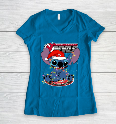 New Jersey Devils NHL Hockey noel stitch Christmas Women's V-Neck T-Shirt 4