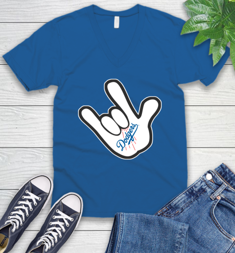 Los Angeles Dodgers MLB Baseball Mickey Rock Hand Disney V-Neck T-Shirt 6