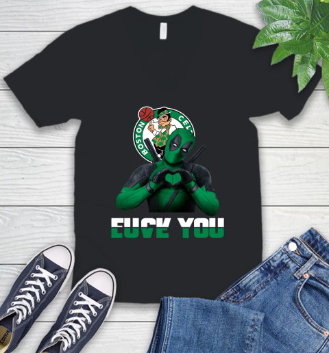 NBA Boston Celtics Deadpool Love You Fuck You Basketball Sports V-Neck T-Shirt