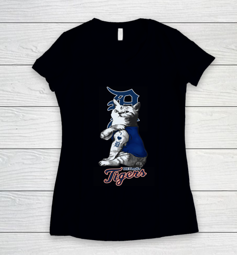 MLB Baseball My Cat Loves Detroit Tigers Women's V-Neck T-Shirt