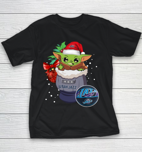 Utah Jazz Christmas Baby Yoda Star Wars Funny Happy NBA Youth T-Shirt 2