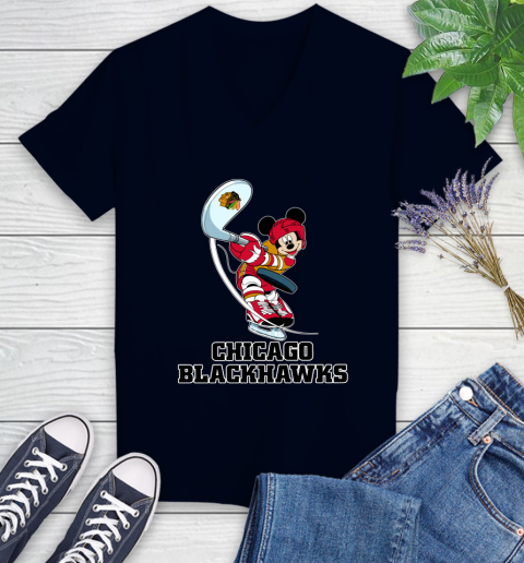 NHL Hockey Chicago Blackhawks Cheerful Mickey Mouse Shirt Women's V-Neck T-Shirt 3