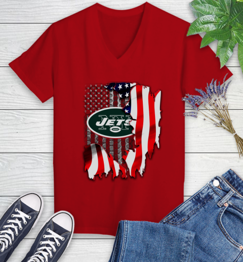 New York Jets NFL Football American Flag Women's V-Neck T-Shirt 11