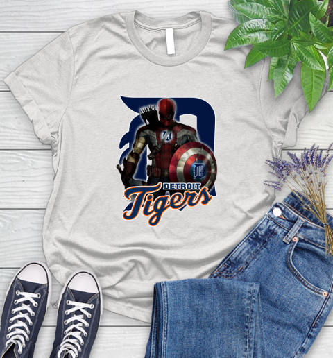MLB Captain America Thor Spider Man Hawkeye Avengers Endgame Baseball Detroit Tigers Women's T-Shirt