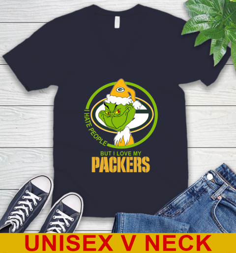 Green Bay Packers NFL Christmas Grinch I Hate People But I Love My Favorite Football Team V-Neck T-Shirt 3