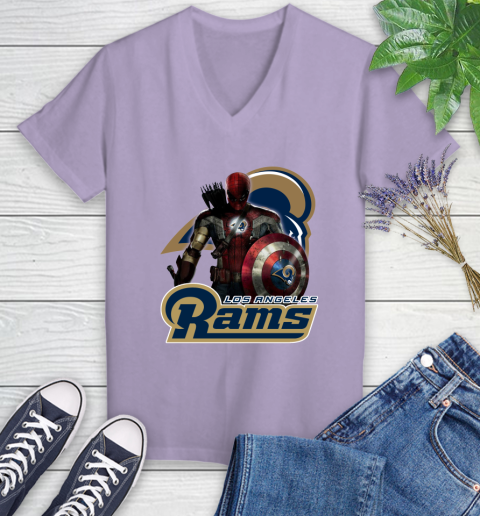 NFL Captain America Thor Spider Man Hawkeye Avengers Endgame Football Los Angeles Rams Women's V-Neck T-Shirt 14