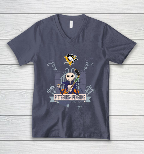 NHL Pittsburgh Penguins Hockey Jack Skellington Halloween V-Neck T-Shirt 7