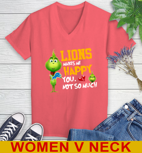 NFL Detroit Lions Makes Me Happy You Not So Much Grinch Football Sports Women's V-Neck T-Shirt 6
