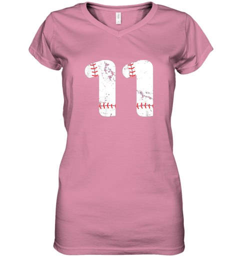 rp4f number 11 baseball vintage distressed team women v neck t shirt 39 front azalea