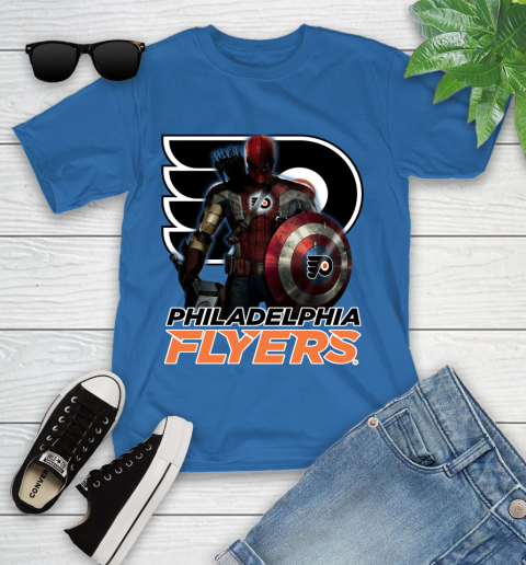 NHL Captain America Thor Spider Man Hawkeye Avengers Endgame Hockey Philadelphia Flyers Youth T-Shirt 9