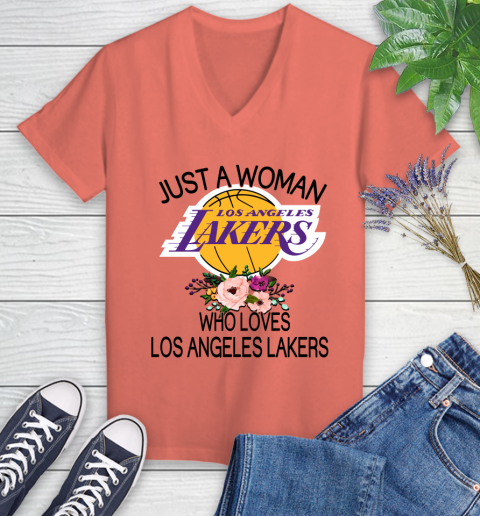 NBA Just A Woman Who Loves Los Angeles Lakers Basketball Sports Women's V-Neck T-Shirt 3