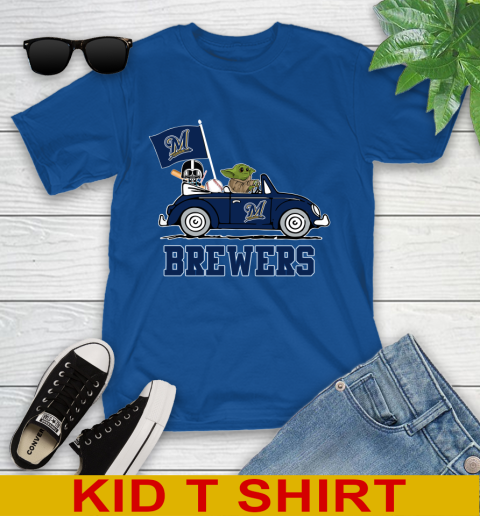 MLB Baseball Milwaukee Brewers Darth Vader Baby Yoda Driving Star Wars Shirt Youth T-Shirt 9