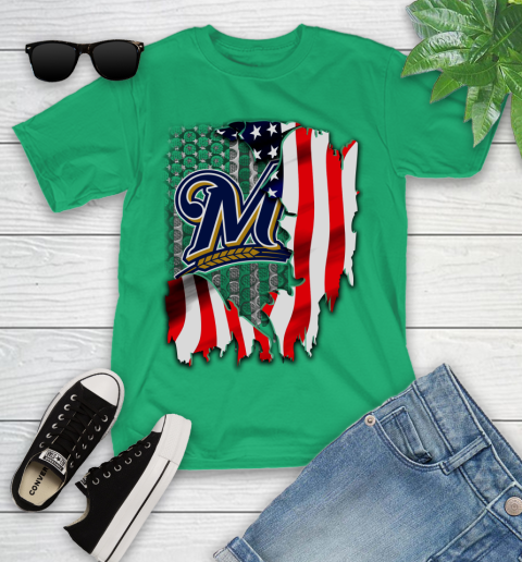Milwaukee Brewers MLB Baseball American Flag Youth T-Shirt 8