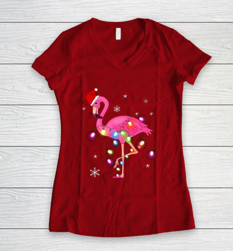 Pink Flamingo Christmas Women's V-Neck T-Shirt 8