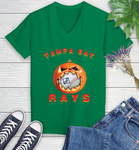 MLB Tampa Bay Rays Halloween Pumpkin Baseball Sports Women's V-Neck T-Shirt 5