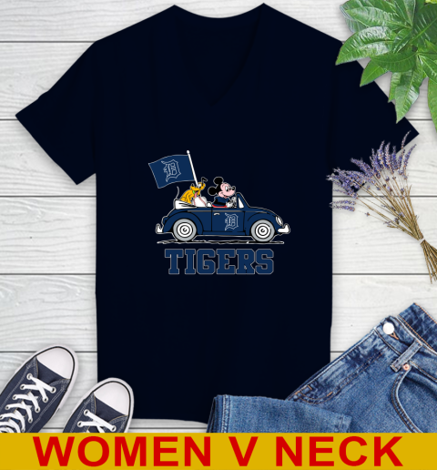 MLB Baseball Detroit Tigers Pluto Mickey Driving Disney Shirt Women's V-Neck T-Shirt 3