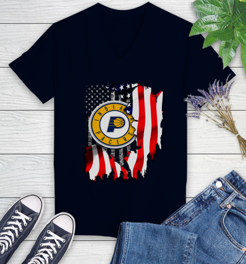 Indiana Pacers NBA Basketball American Flag Women's V-Neck T-Shirt 2