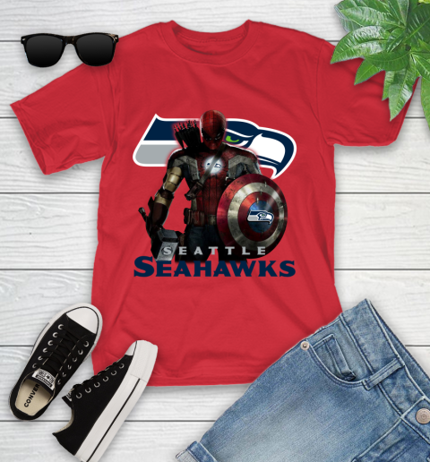 NFL Captain America Thor Spider Man Hawkeye Avengers Endgame Football Seattle Seahawks Youth T-Shirt 10