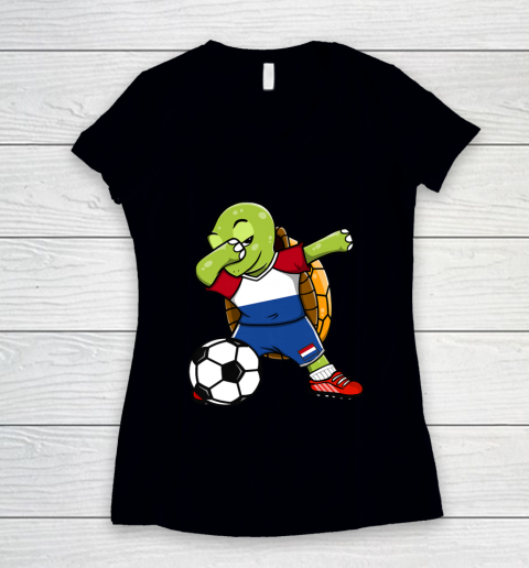 Dabbing Turtle Netherlands Soccer Fans Jersey Dutch Football Women's V-Neck T-Shirt