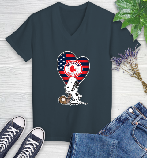 Boston Red Sox MLB Baseball The Peanuts Movie Adorable Snoopy Women's V-Neck T-Shirt 8