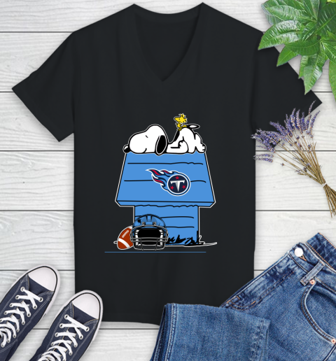 Tennessee Titans NFL Football Snoopy Woodstock The Peanuts Movie Women's V-Neck T-Shirt 2