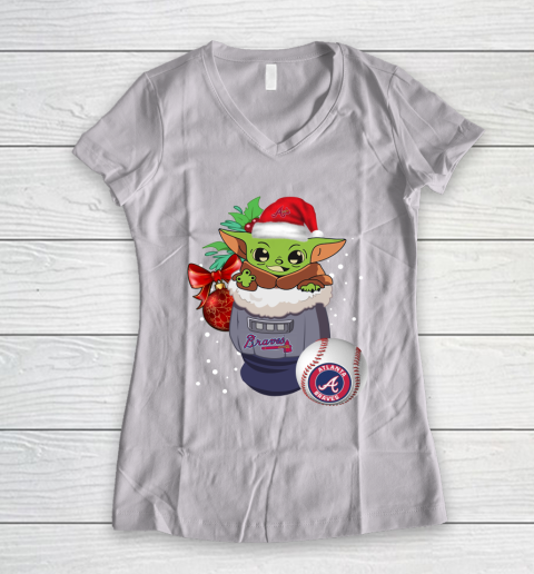 Atlanta Braves Christmas Baby Yoda Star Wars Funny Happy MLB Women's V-Neck T-Shirt 2